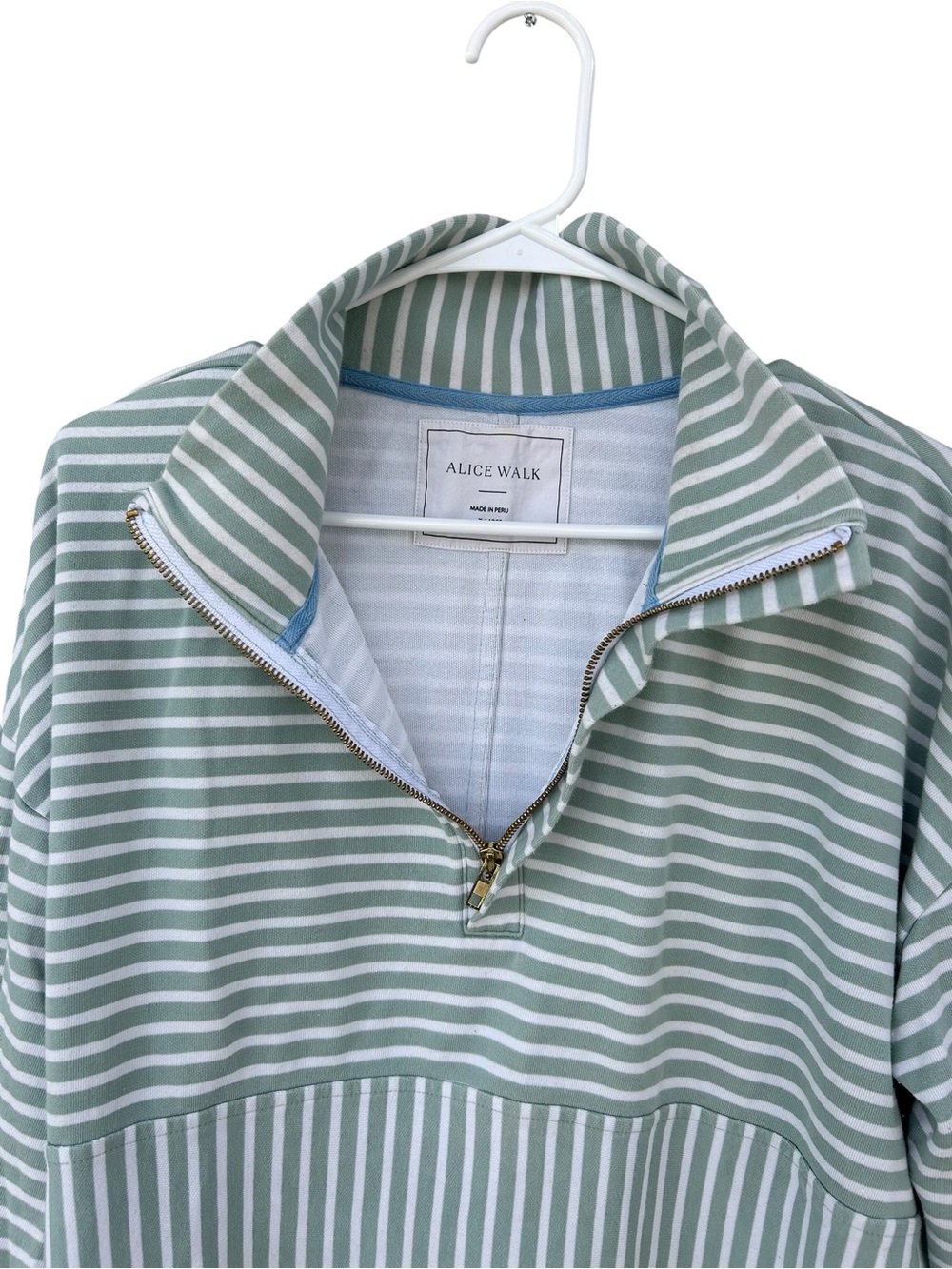 Alice Walk Striped Half-Zip Pullover in Sage and White - Size XL - Peruvian Pima - Picture 4 of 10